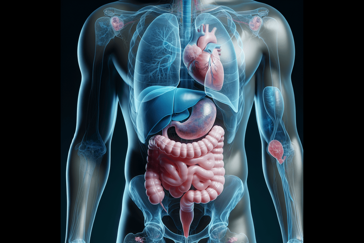 Digital anatomical illustration of human torso showing digestive organs, heart, lungs, and skeletal overlay with red markers indicating areas of medical focus